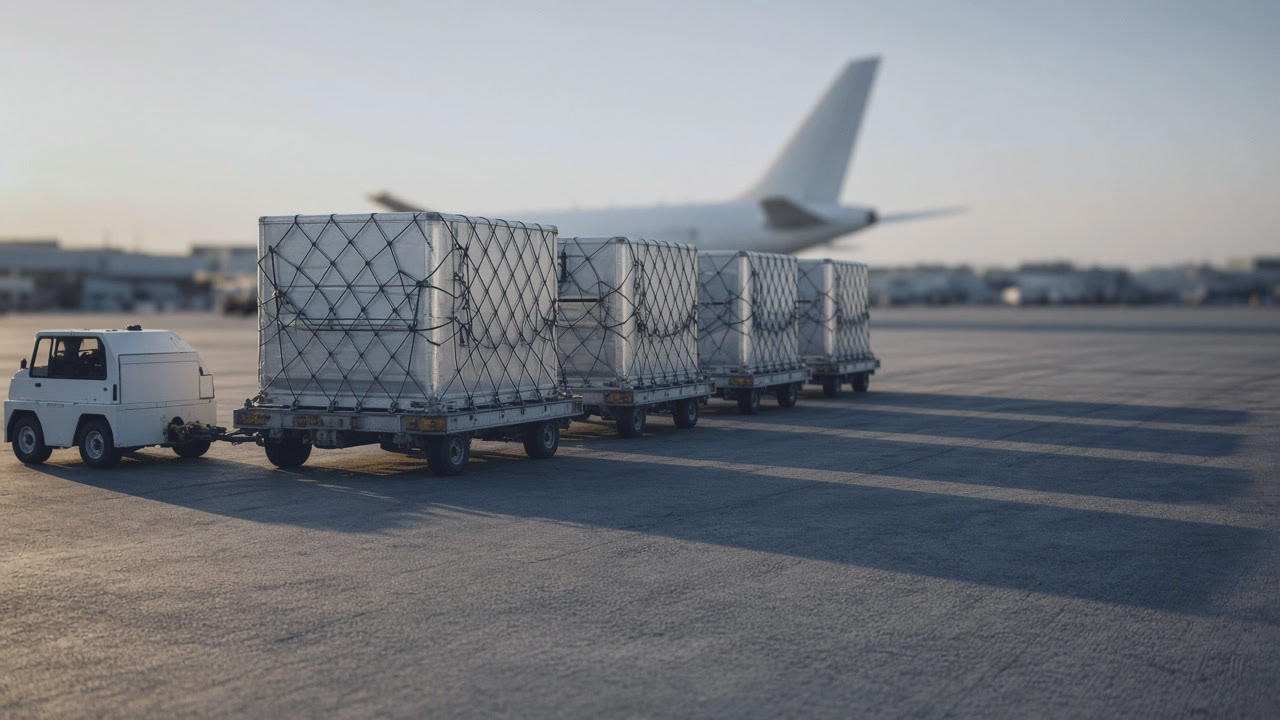 Air cargo containers on dollies on an airport apron
