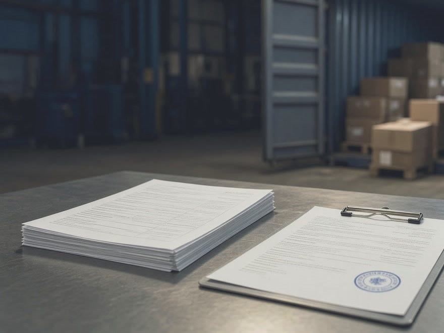 Shipping documents and stamp on a desk beside an open container